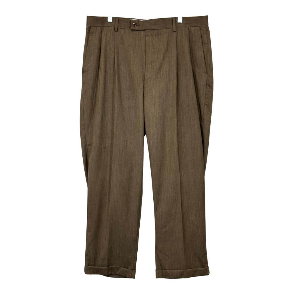 Alan Flusser Dress Pants Mens 38x30 Brown Pleated Cuffed Wool Blend Trousers